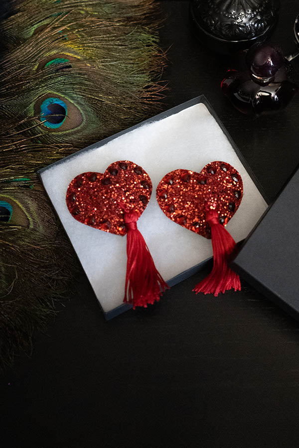 Heart Nipple Covers w/ Crystals and Tassels