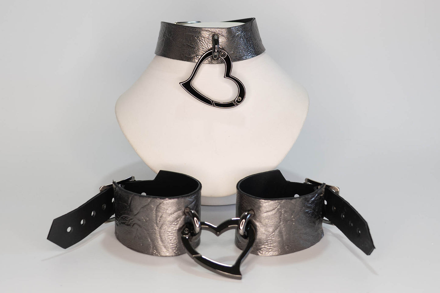 Dark Silver Leather Love Trap Handcuffs