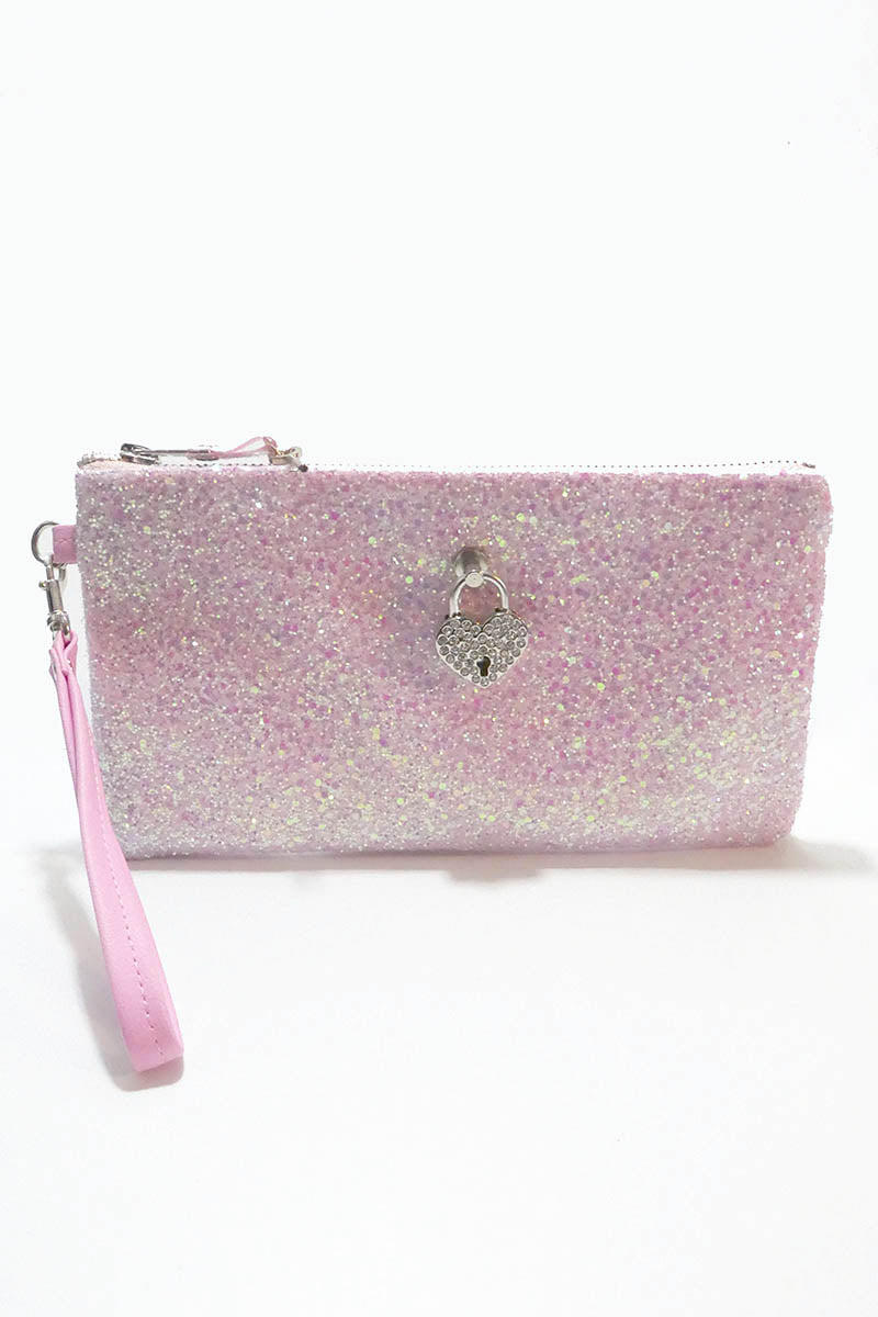 Clutch bag w/ padlock in Pale Iridescent Pink Glitter