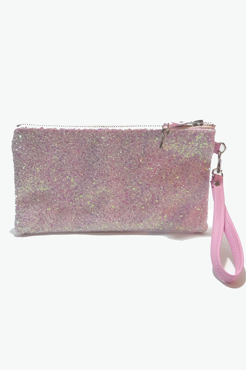 Clutch bag w/ padlock in Pale Iridescent Pink Glitter