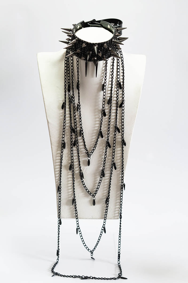 Triple Spike Choker with Diamante and Chains Black
