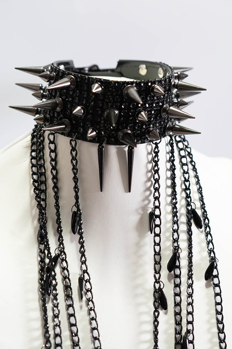 Triple Spike Choker with Diamante and Chains Black