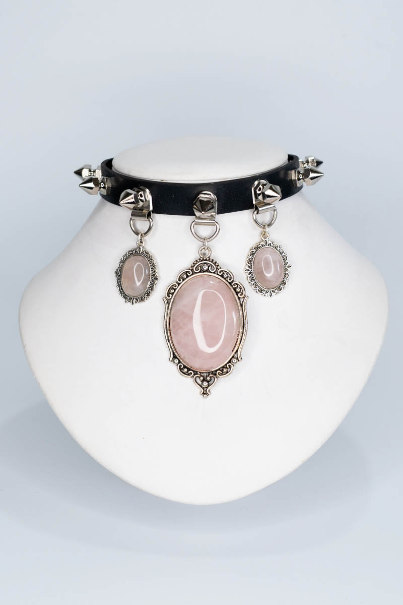 Triple Baroque Rose Quartz Pendant Choker