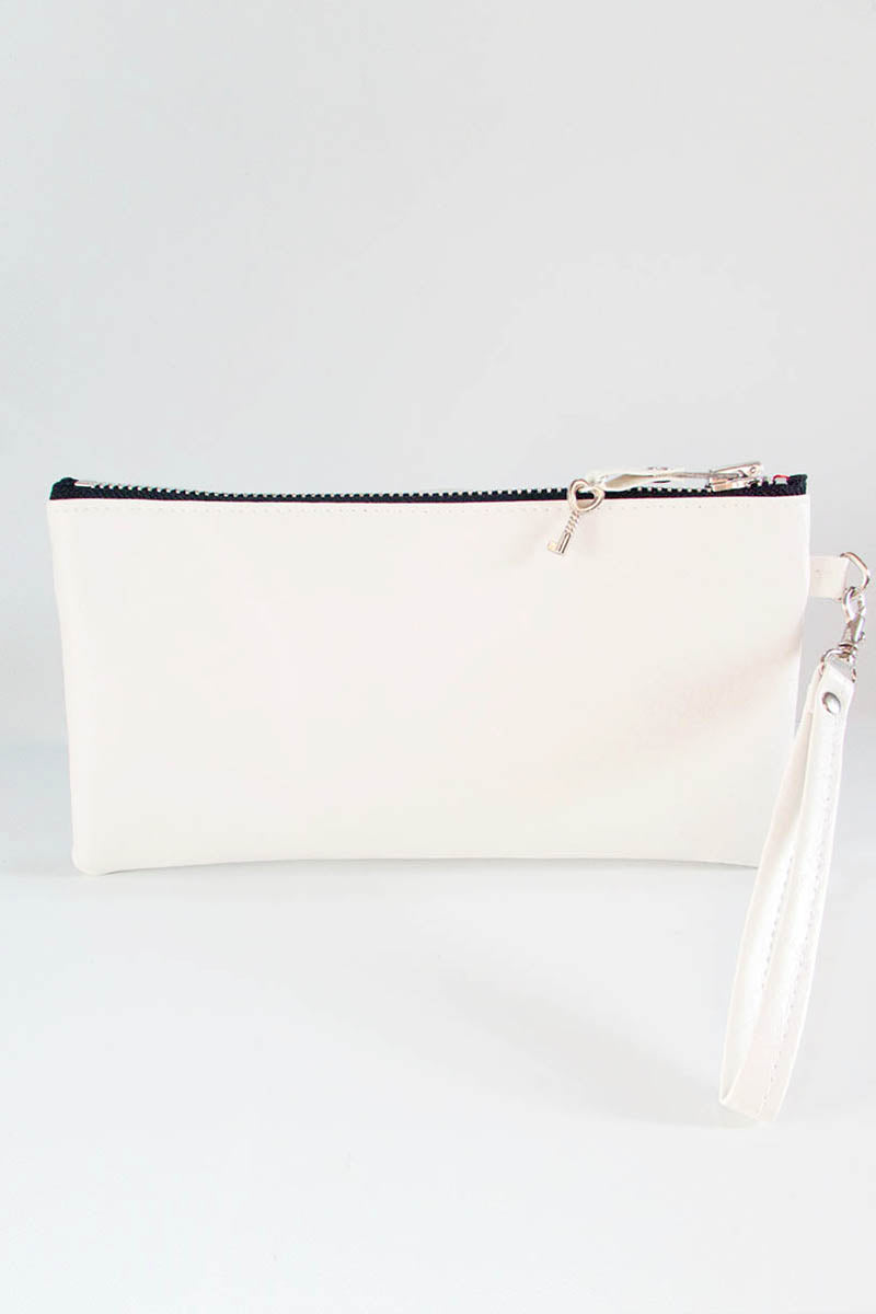 White clutch bag with a strap on a light gray background