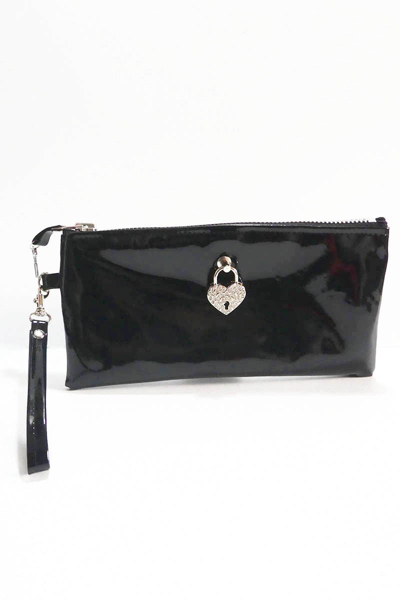 Black pvc clutch bag with a heart-shaped padlock on a white background