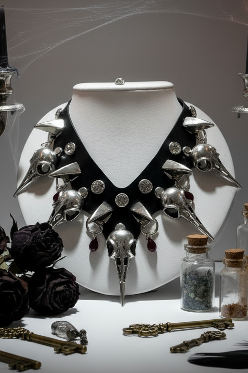 Gothic-style necklace with skull design on a white stand, surrounded by candles, bottles, and keys on a dark background.