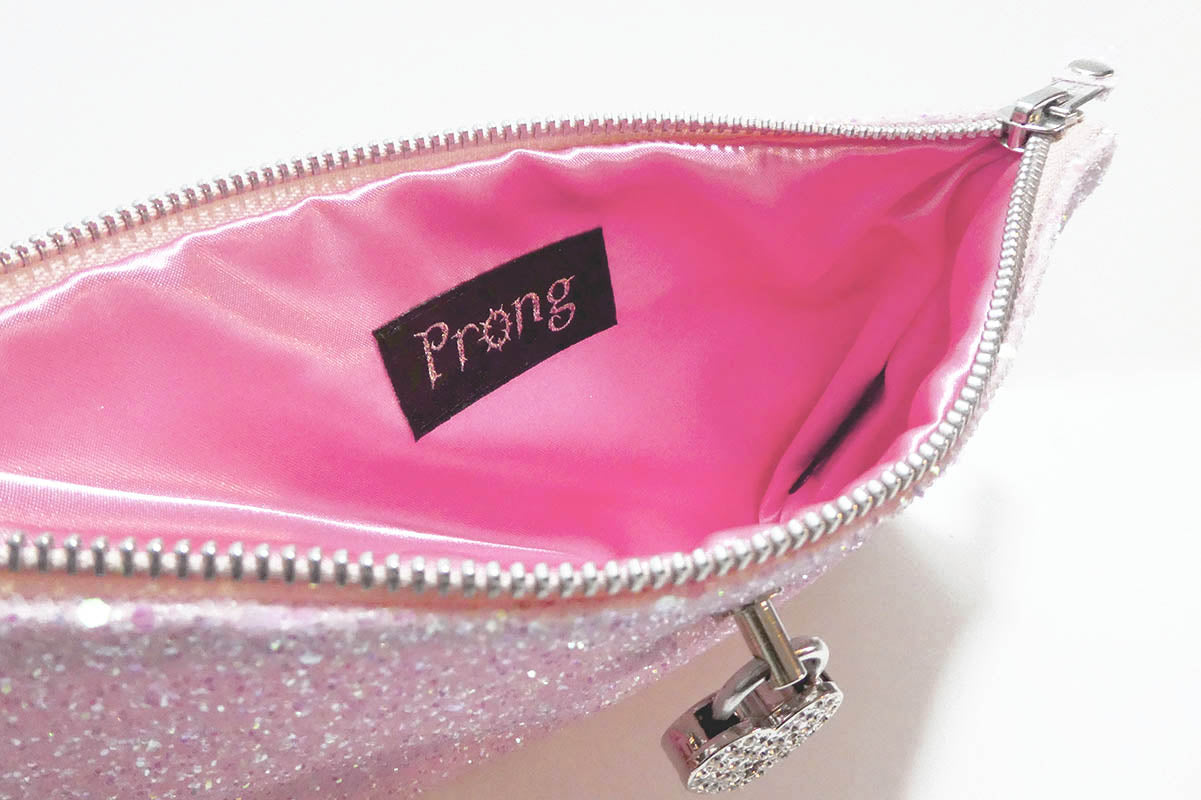 Clutch bag w/ padlock in Pale Iridescent Pink Glitter