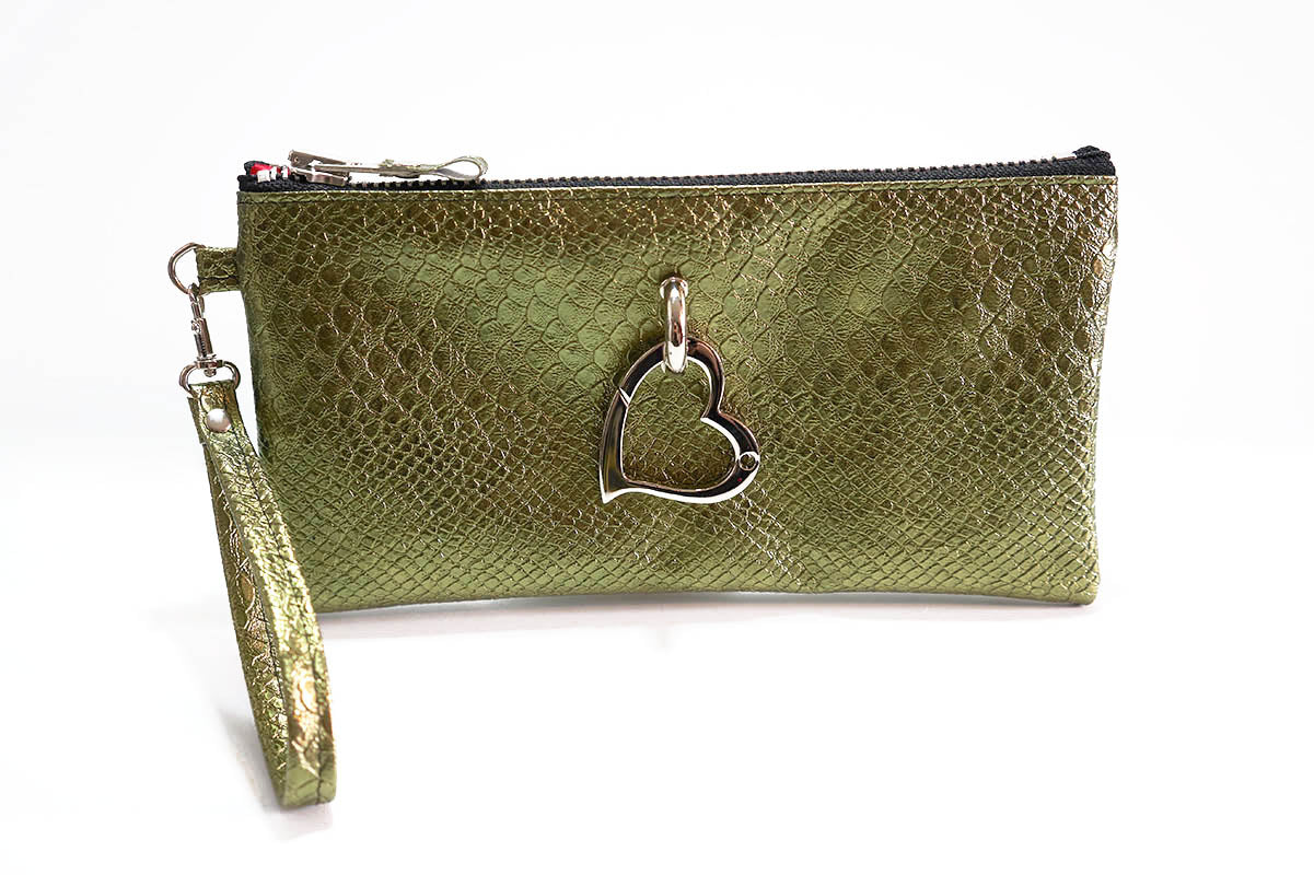 Green textured clutch with a heart-shaped keychain on a white background