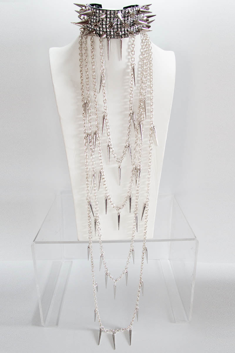 Triple Spike Choker with Diamante and Chains Silver