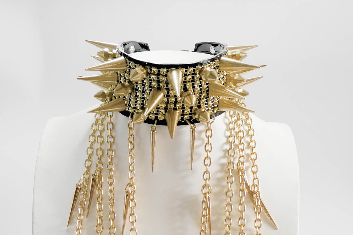 Gold Tiered Spike Choker with Chains
