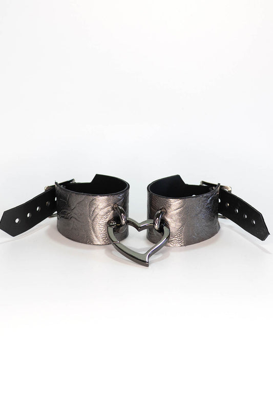 Dark Silver Leather Love Trap Handcuffs