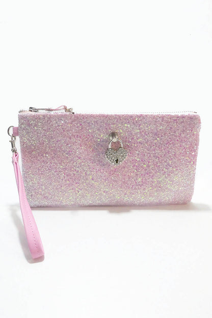 Clutch bag w/ padlock in Pale Iridescent Pink Glitter