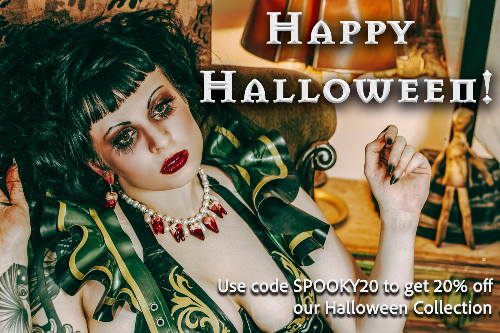 Person in a Halloween-themed outfit with text overlay for a sale promotion.