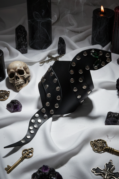 Gothic still life with candles, skulls, and dark elements on a white cloth.
