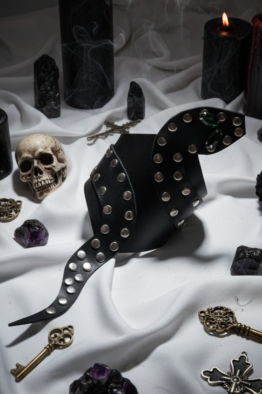 Gothic still life with candles, skulls, and dark elements on a white cloth.