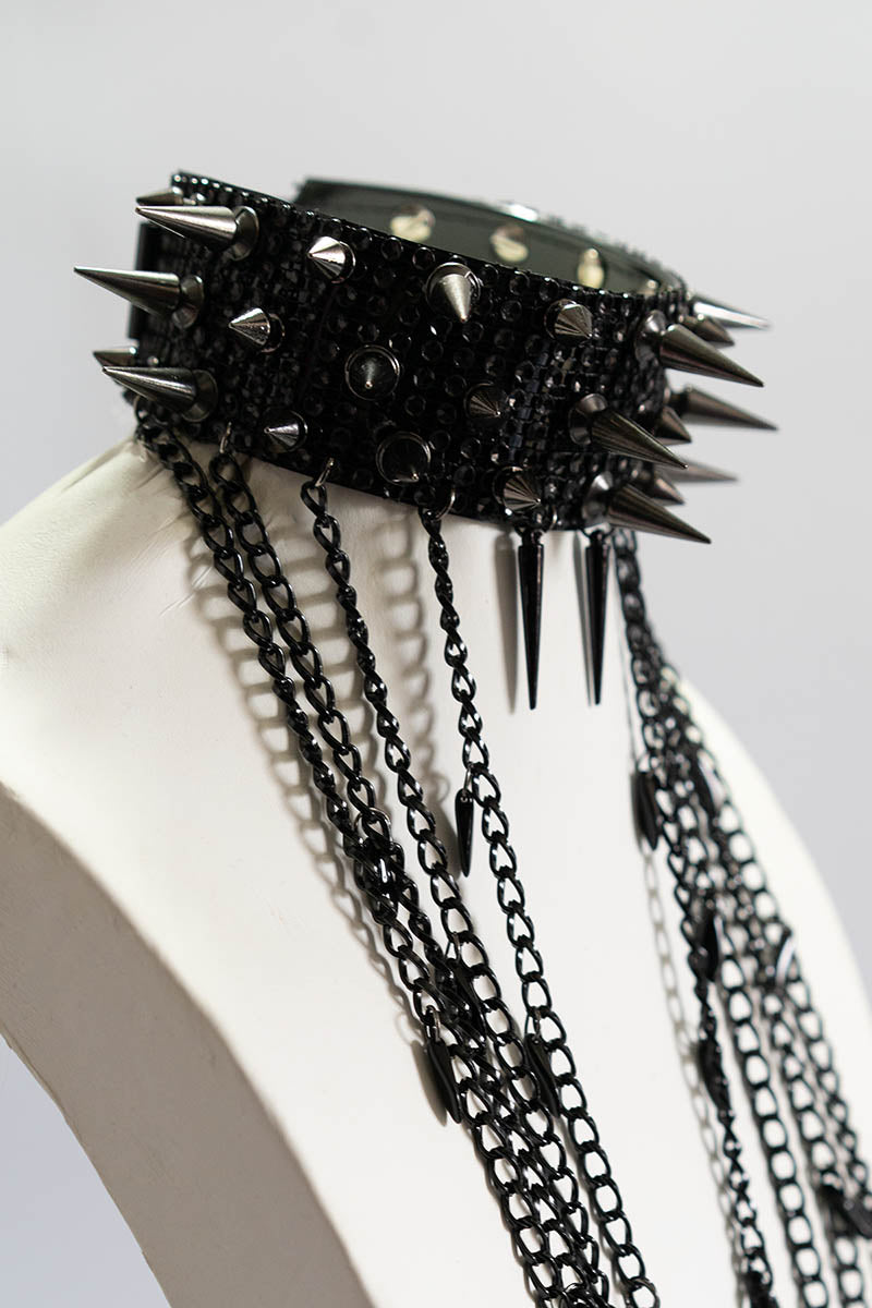 Triple Spike Choker with Diamante and Chains Black