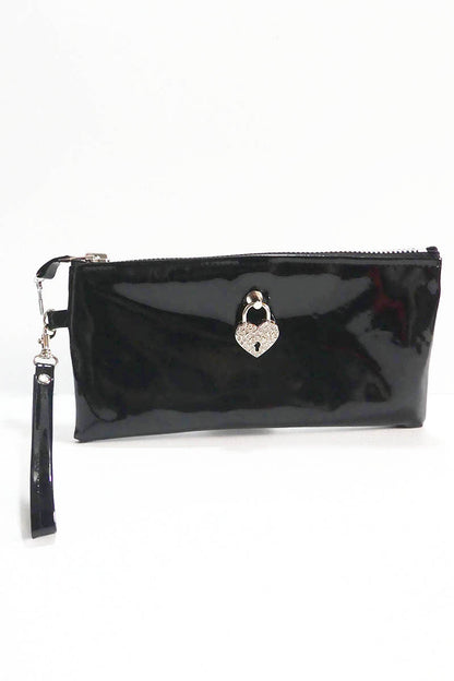 Black pvc clutch bag with a heart-shaped padlock on a white background