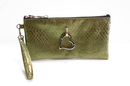 Green textured clutch with a heart-shaped keychain on a white background