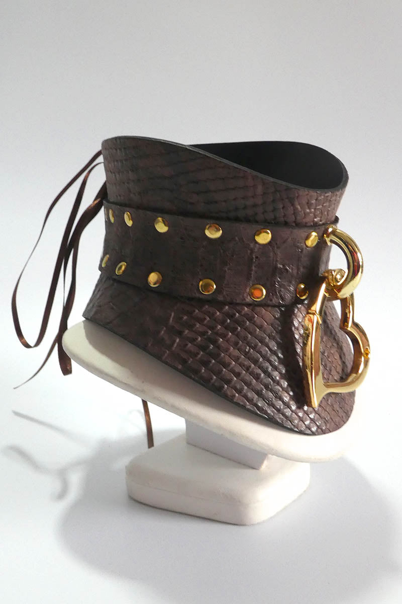 Brown Snake Leather Love Trap Posture Collar
