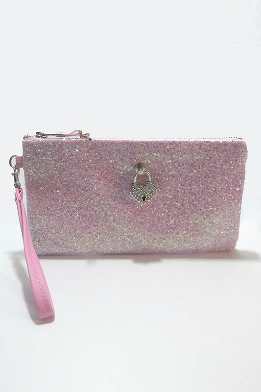 Clutch bag w/ padlock in Pale Iridescent Pink Glitter