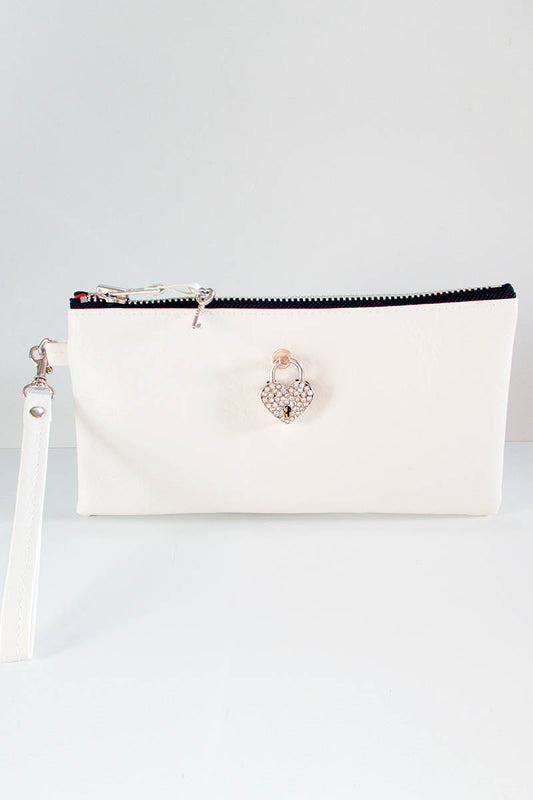 Clutch bag w/ padlock in White Leatherette
