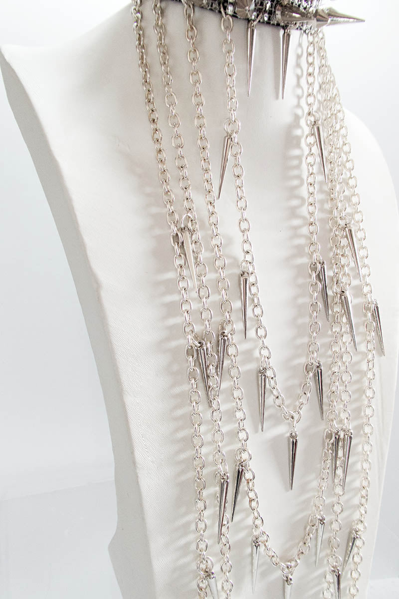 Triple Spike Choker with Diamante and Chains Silver