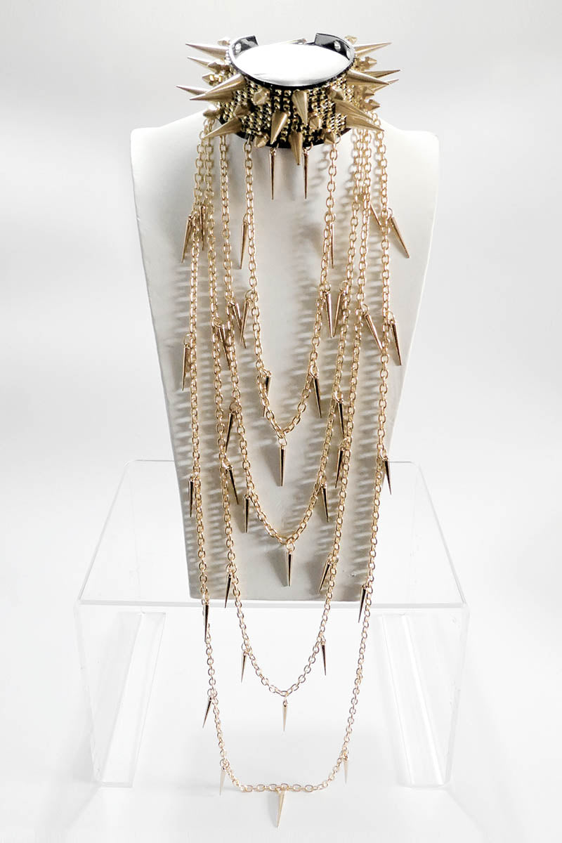 Gold Tiered Spike Choker with Chains