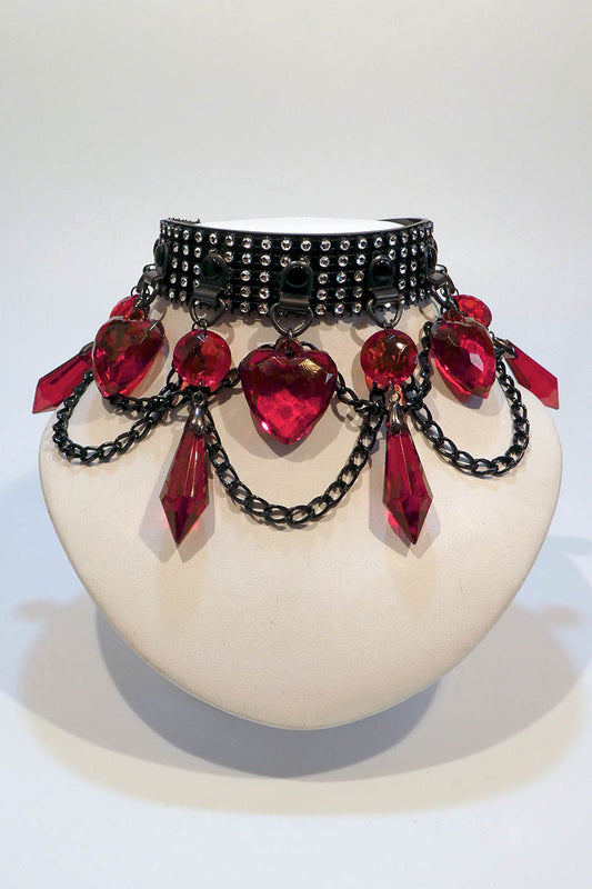 Diamante Choker with Hearts and Chains in Red