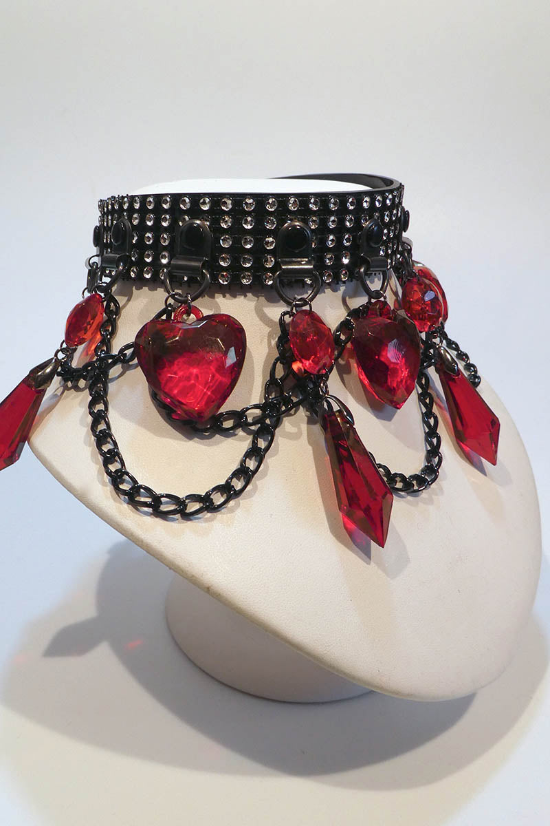 Diamante Choker with Hearts and Chains in Red